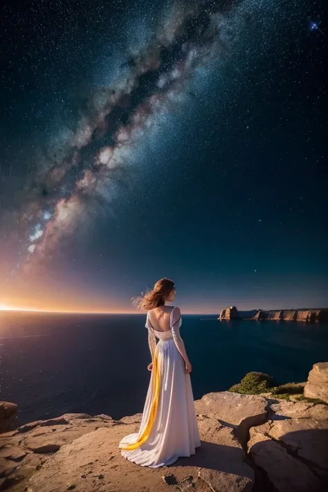 ((best qualityer)), ((work of art)), (detailded), Woman, standing backwards, on top of a valley of rocks, sky with spiral of colorful cosmic energies, many stars, watching the valley from above