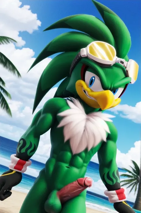 jetthehawk, furry male anthro, bird boy, solo, (best quality), (detailed fluffy feathers:1.1), goggles, muscular, grin, red speedos, beach, penis, leaking precum, 3D Render, colourful, (beautiful), (masterpiece), cinematic CGI screenshot