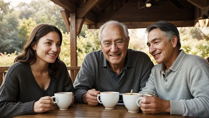 a happy family drinking coffee, an elderly man with his sons and daughter, hyperrealistic, extremely detailed faces, detailed skin texture, detailed clothing, natural lighting, warm colors, cinematic composition, photorealistic, award winning photograph, m...