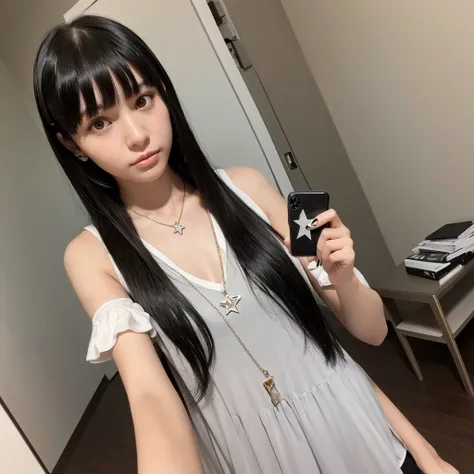 some white girl with black hair who wears bangs, her hair is long and her bangs go to her eyebrows, taking a selfie, she is wearing a star necklace, the photo is supposed to be gray and black, SHE IS SERIOUS, the image has to be as realistic as possible , ...