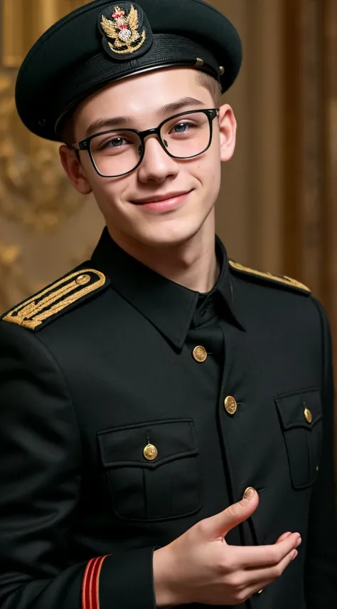 Russian teen boy, wearing black military clothes, wearing black beret, wearing rounded prescription glasses, with an evil smile face, showing the middle finger.