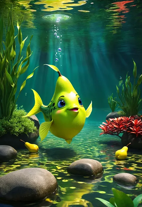 create an image of a fusion between a fish and a pear, extremely realistic and detailed, but with a fun touch. the creature shou...