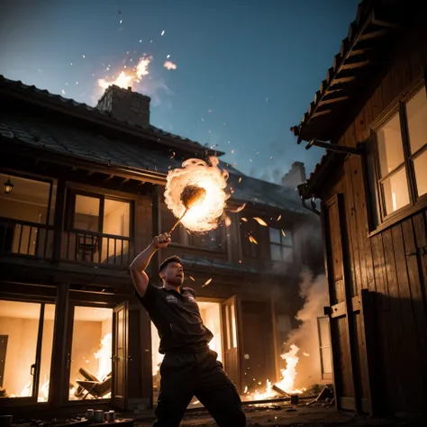 A man throwing a blast of fire at a house