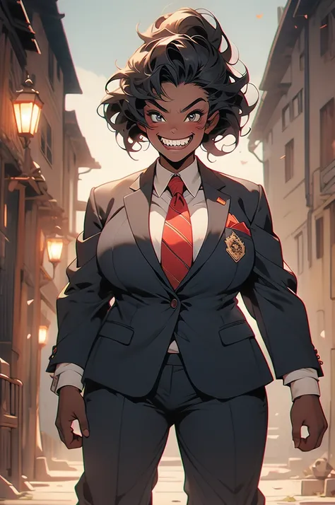 1girl, goblin girl, shortstack, plump, black hair, evil grin, sharp teeth, red skin, dark skin, business suit