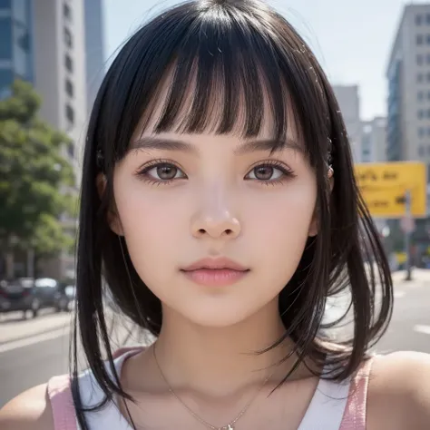 A white girl with black hair who wears bangs, her hair is long and her bangs go to her eyebrows, taking a selfie, she is wearing a star necklace, the photo is supposed to be gray and black, SHE IS SERIOUS, the image has to be as realistic as possible , She...