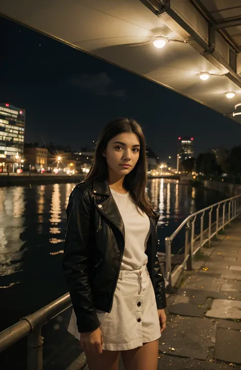 a girl standing in front of a city river,night time,lighting,she looks buttyful