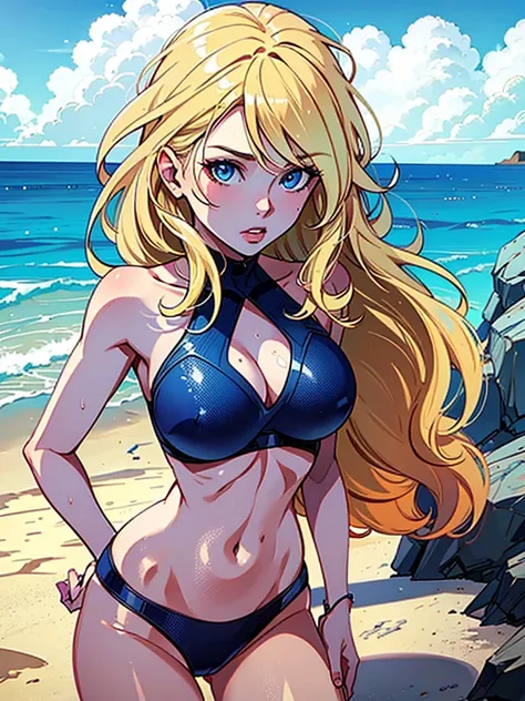 blonde woman with blue eyes on the beach