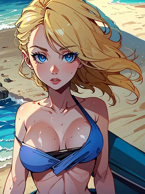 blonde woman with blue eyes on the beach