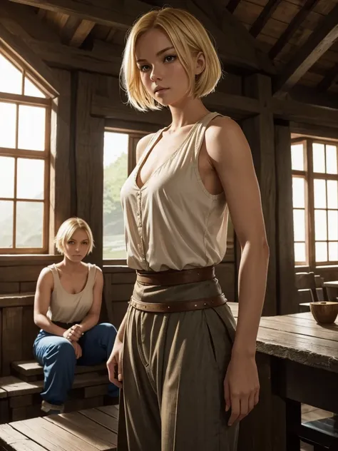 I want to see a blonde girl with short hair. She is dressed in humble medieval clothing, pants and sleeveless shirt. His arms are strong. Under the shirt you can sense a small and firm chest. It is in the room of an inn built of wood.. 