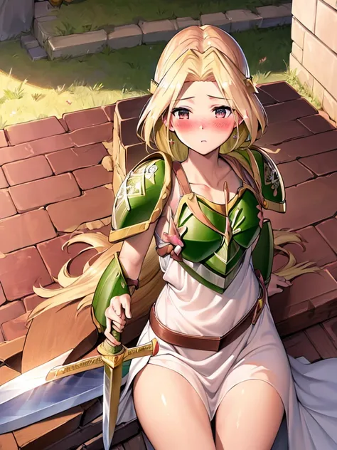 masterpiece, ultra-detailed, best quality,Long shiny blonde hair, 1girl, 18yo, beautiful girl,BREAK,(Armor:1.8),White Dress,(blush:1.5),BREAK,(Ready your sword:1.4),