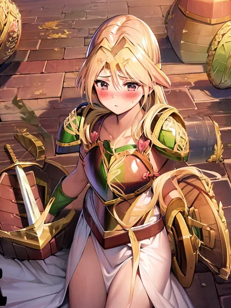 masterpiece, ultra-detailed, best quality,Long shiny blonde hair, 1girl, 18yo, beautiful girl,BREAK,(Armor:1.8),White Dress,(blush:1.5),BREAK,(Ready your sword:1.4),