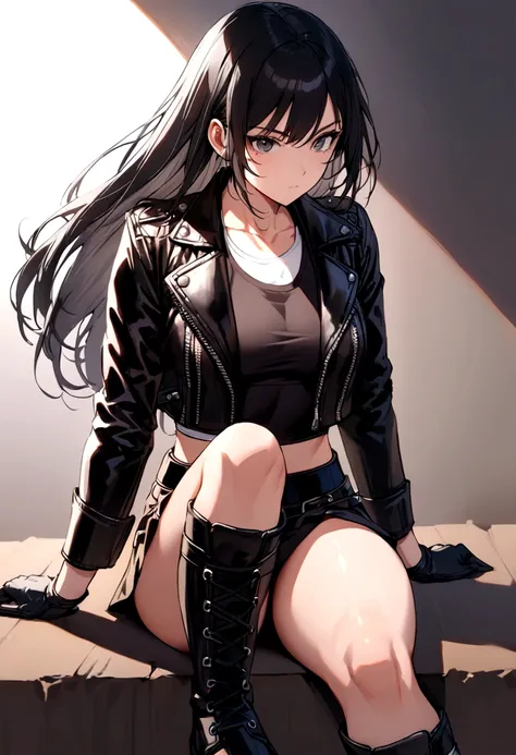 Female martial arts fighter with beautiful appearance and with long black hair and black eyes wearing skirt and undershirt and leather jacket and black gloves and combat boots