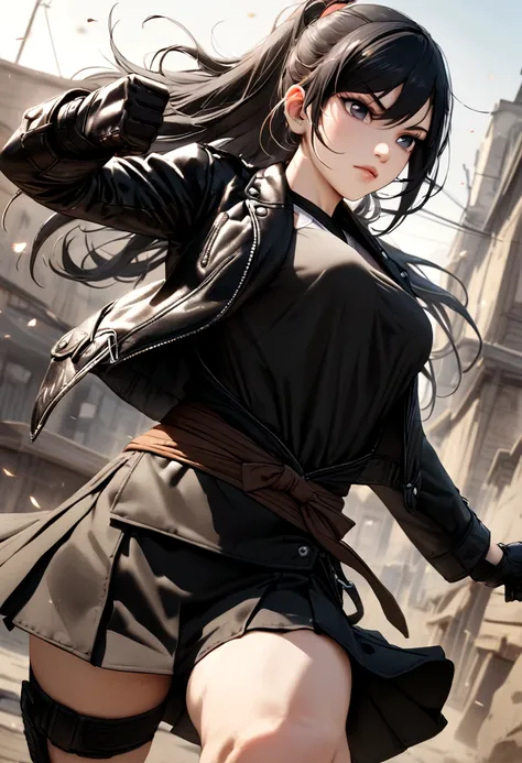 Female martial arts fighter with beautiful appearance and with long black hair and black eyes wearing skirt and undershirt and leather jacket and black gloves and combat boots