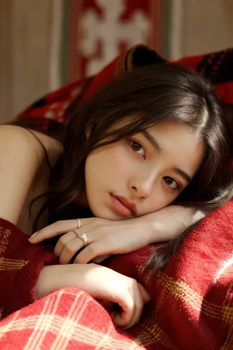 A young woman with tousled, shoulder-length brown hair is lying on a red blanket, looking thoughtful and melancholic. The lighting is soft and warm, casting gentle shadows on her face. She is indoors in a dimly lit room, with her hand resting on the blanke...