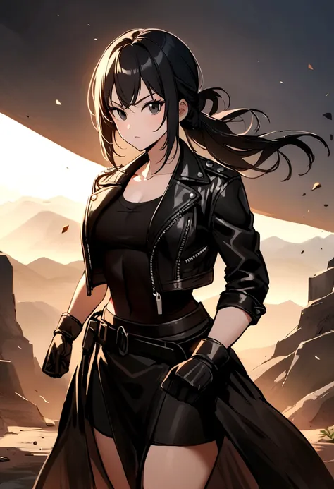 Female martial arts fighter with beautiful appearance and with long black hair and black eyes wearing skirt and undershirt and leather jacket and black gloves and combat boots