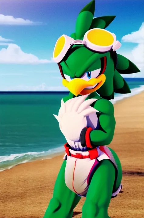 jetthehawk, furry male anthro, bird boy, solo, (best quality), (detailed fluffy feathers:1.1), goggles, muscular, grin, messy diaper, visible bulge, beach, 3D Render, colourful, (beautiful), (masterpiece), cinematic CGI screenshot