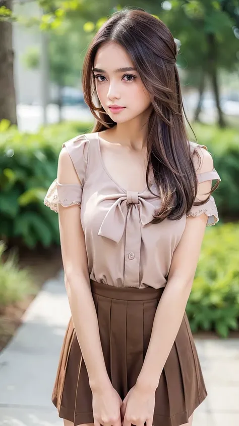 (extremely delicate and beautiful: 1.2), 1 girl, fashion girl, hits, pretty eyes, bow, Brown hair, Closed mouth, Oblique, hair between the eyes, hair bow, short sleeves, looking at the viewer, medium hair, Alone, Upper part of the body, school uniform: 1.3...