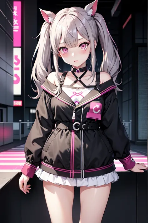 One girl ,Anime Style, masterpiece ,Ultra-fine resolution, complicated ,  Straight , complicatedな品質すこやかな , Gray Hair, Pink Eyes, Twin tails,Long Hair, , Blue circles under the eyes , Tired look , Half closed eyes , sad ,Glitch