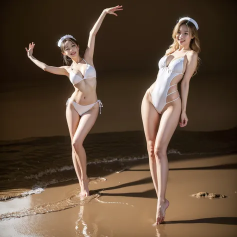 (((barefoot short-torsoed beautiful Japanese girls dancing on mud beach))), natural front lighting, ultra sharp focus,bright blonde braided twin hair, (((light silky pale white skin color))),blue large eyes with long eyelashes and double eyelids, dynamic a...