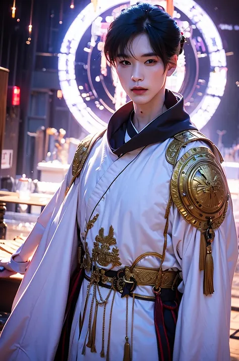 a man in a white robe, young and handsome man, ponytail, waist-length hair, ancient Chinese clothing, qi, a huge saber, ancient Chinese buildings in the background, night, powerful character, purple rays, a beautiful landscape. Detailed face, thick eyebrow...