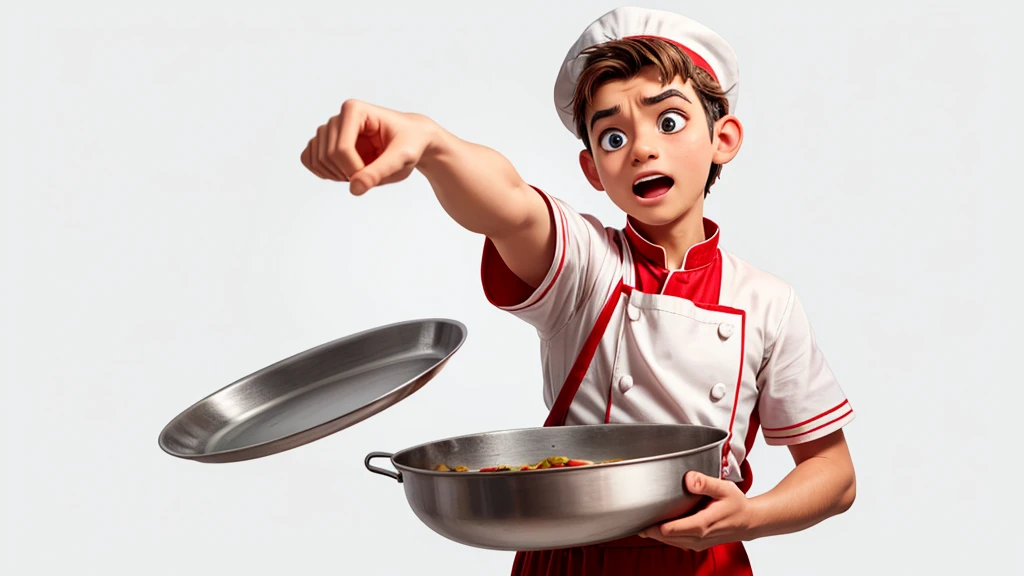 An astonished cook looking and pointing to the right side, he is dressed as a cook and his clothes are all white with red details. I want it to be on an all-white solid color background.