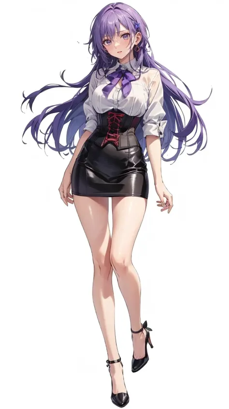 ((perfect face)),purple hair,adult female,white shirt,((shirt with rolled up sleeves)),(((roll up your sleeves))),((corset)),sho...