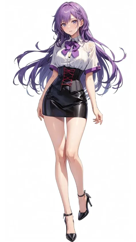 ((perfect face)),purple hair,adult female,white shirt,((shirt with rolled up sleeves)),(((roll up your sleeves))),((corset)),sho...