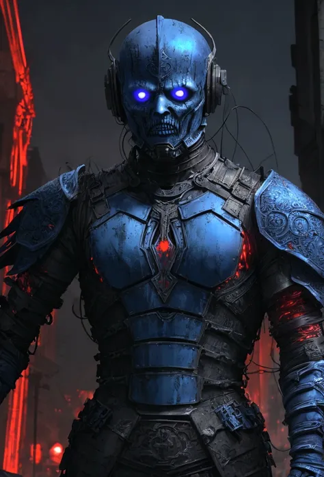  
(extremely detailed 8k wallpaper), a medium shot photo of scary  Grim dressed as a dirty blue doctor in an armour made of red glowing wires from marvel, theme, intricate, high detail, dramatic, old scary building in the background