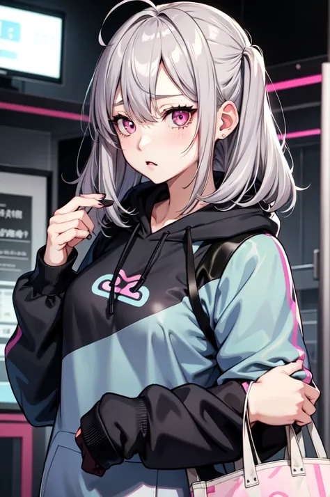 one girl ,anime style, masterpiece ,ultra-fine resolution, complicated ,  straight , complicatedな品質すこやかな , gray hair, pink eyes,...