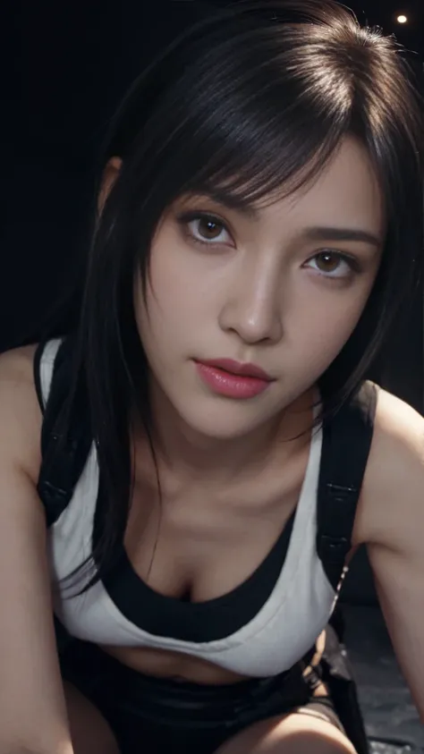 8K, Top Quality, Intricate Details, Ultra Detail, Ultra High Resolution, Masterpiece, close up shot, (full body: 1.1), Slender, Smile, (Makeup: 0.4), (), (Fluffy  Eyes: 1.21), ((bangs)), 1girl, solo, 1 girl, (((red eyes, black hair, bangs, long hair)), ((T...