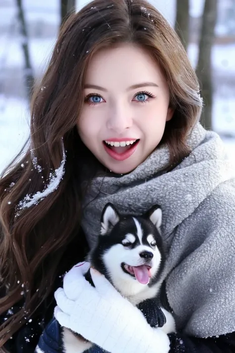 A young woman with long, wavy brown hair and striking blue eyes is posing outdoors in a snowy environment with a Siberian Husky. The woman is wearing a winter coat and has a slightly open mouth, revealing her teeth. The Husky has bright blue eyes, a black ...