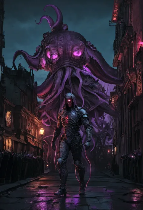  
(extremely detailed 8k wallpaper), a medium shot photo of scary  Grim dressed as a dirty purple octopus-man in an armour made of red glowing wires from marvel, theme, intricate, high detail, dramatic, old scary building in the background