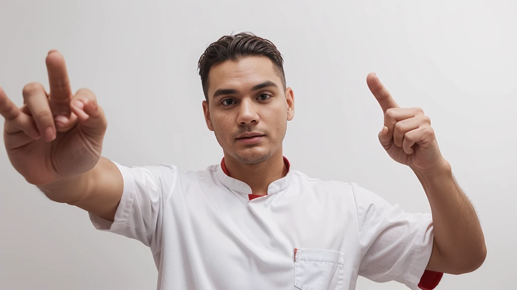 an astonished cook with nothing in his hand looking and pointing to the right side, he is dressed as a cook and his clothes are all white with red details. I want it to be on an all-white solid color background.