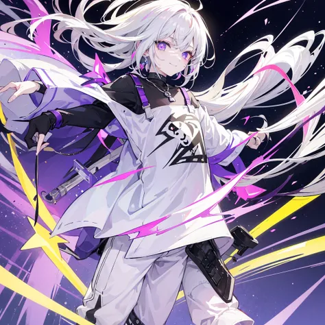 A Boy With Medium-Length Straight White Hair at Neck Length, He has violet eyes with a white circle in the iris, for clothes he wears a wide white t-shirt with another underneath in black with yellow stripes, with Violet Pants with Lightning Details. Styli...