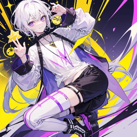 A Boy With Medium-Length Straight White Hair at Neck Length, He has violet eyes with a white circle in the iris, for clothes he wears a wide white t-shirt with another underneath in black with yellow stripes, with Violet Pants with Lightning Details. Styli...