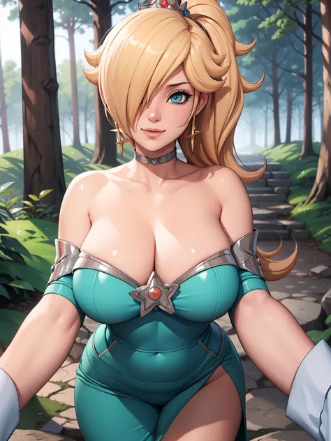 (leaning forward), (viewer hands grabbing breasts), (pov from front), blue dress, chinese clothes, cleavage cutout, clothing cutout, bare shoulders, (forest background), (foggy weather), Rosalina, mature woman, anime cels style, best quality, high resoluti...