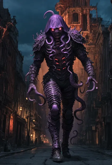  
(extremely detailed 8k wallpaper), a medium shot photo of scary  Grim dressed as a dirty purple octopus-man in an armour made of red glowing wires from marvel, theme, intricate, high detail, dramatic, old scary building in the background