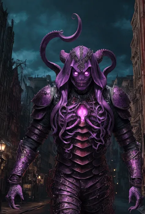  
(extremely detailed 8k wallpaper), a medium shot photo of scary  Grim dressed as a dirty purple octopus-man in an armour made of red glowing wires from marvel, theme, intricate, high detail, dramatic, old scary building in the background