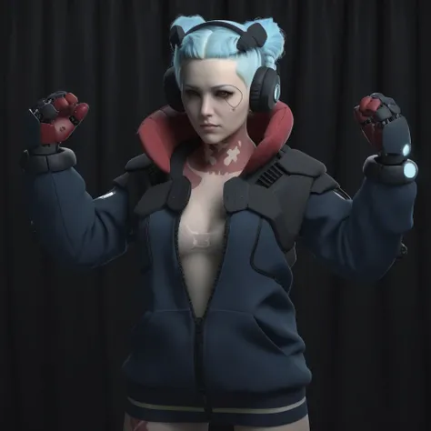 a woman full body, ligh blue hair, long pigtails, red tatttoos, wears a jacket, headphones, robotic big fists,  black background, highly detailed, photography, ultra sharp, film, bokeh, professional, k 