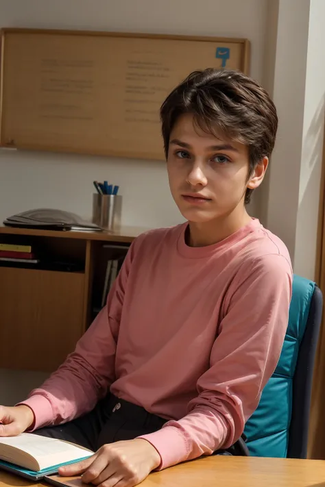 A beautiful young male twink with dark circles under his eyes. He has black hair and a face with make-up. He is wearing a bright pink long-sleeved shirt and aqua blue pants. He is in his office, sitting at a study desk, reading a huge book. Behind him is a...