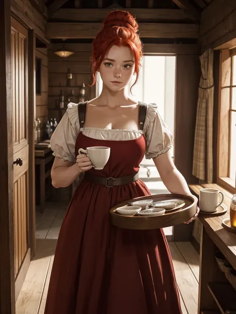 A red-haired girl with her hair up in a high bun. Their clothing shows a humble medieval dress.. He carries a tray with mugs of beer in his hand and is in the room of an inn built of wood.. Her breasts look small under the dress and her face has numerous f...