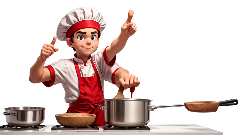 cook with nothing in his hand looking and pointing to the right side, he is dressed as a cook and his clothes are all white with red details. I want it to be on an all-white solid color background. Avoid mistakes in the cooks hands and position, he is poin...