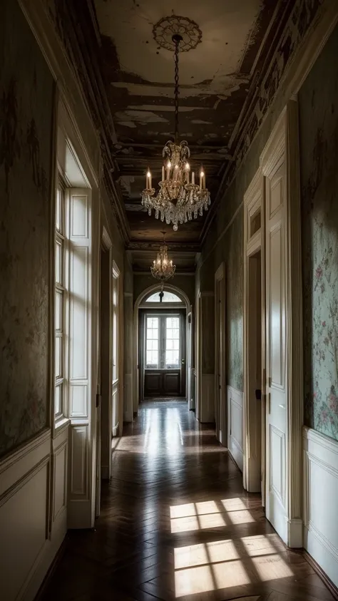 An interior hallway of the mansion, with walls covered in faded wallpaper and an antique chandelier hanging from the ceiling. Shadows move at the edges, suggesting a supernatural presence.