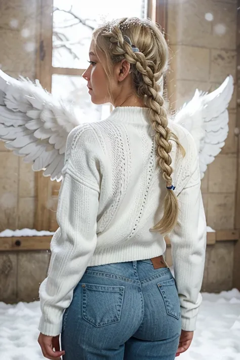 Blonde woman with braids and back snowflakes with big angel wings in the back with snow dressed in white sweater and jeans 