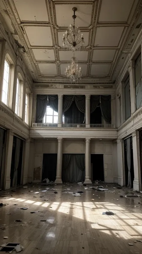 Abandoned Ballroom: A vast, decaying ballroom, with dust-covered marble floors and torn curtains flapping in the cold wind coming in through the broken windows.