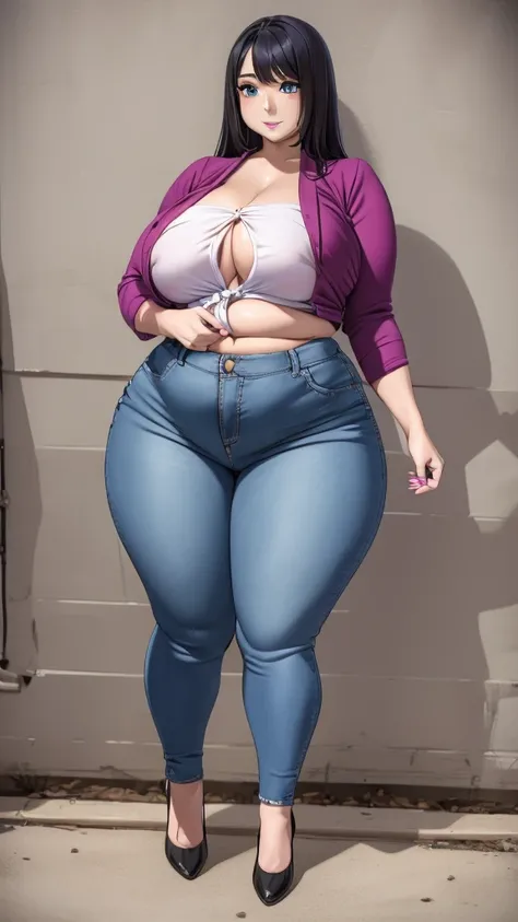  an overweight girl big chest sexy beautiful tenderness long soft wavy purple hair her light blue eye bright pink lip she wears a suit short blue button top sexy curve and her pants Big jeans sexy thigh black heels 