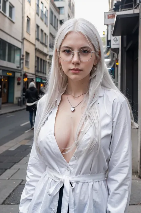 girl with long white hair and blue eyes standing in a city, girl with white hair, girl silver hair, perfect white haired girl, soft portrait shot 8 k, silver hair girl, color photograph portrait 4k, with long white hair, with white long hair, hyperrealisti...