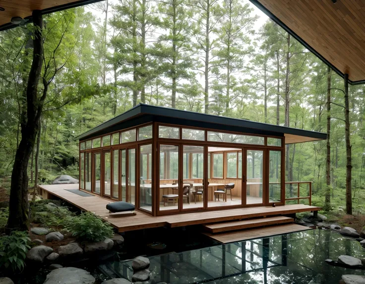 Exterior view of a tiny house in a Scandinavian nature, standing wood panel, panorama glass windows, forests, waterfall inside atrium, rocks, natural pond of water, futuristic, modern, large terrass