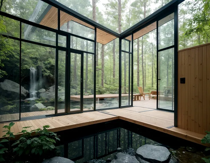 Exterior view of a tiny house in a Scandinavian nature, standing wood panel, panorama glass windows, forests, waterfall inside atrium, rocks, natural pond of water, futuristic, modern, large terrass