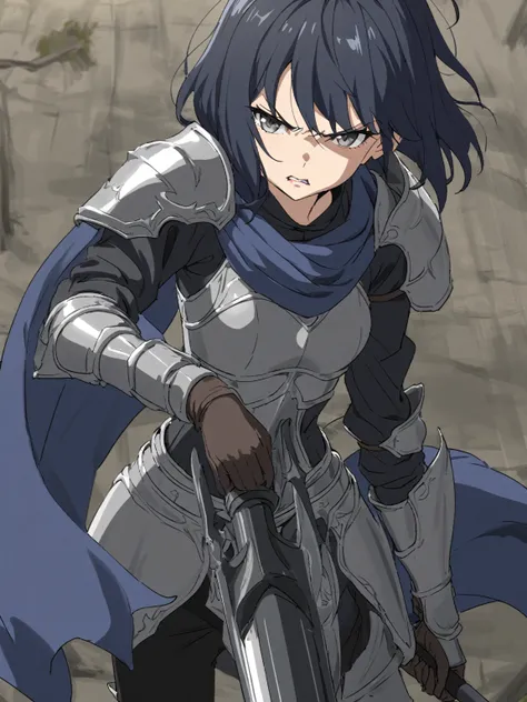 {{upper body}} {{Artist: sincos}} 1girl, solo, small breasts, cowboy shot, intricate detail, dark blue hair, very short hair, grey eyes, gloves greaves, armor, scowl, holding lance, lance, blue scarf, black undershirt, angry, parted lips, long sleeves, lon...